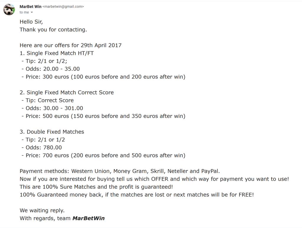 fixed matches today scam