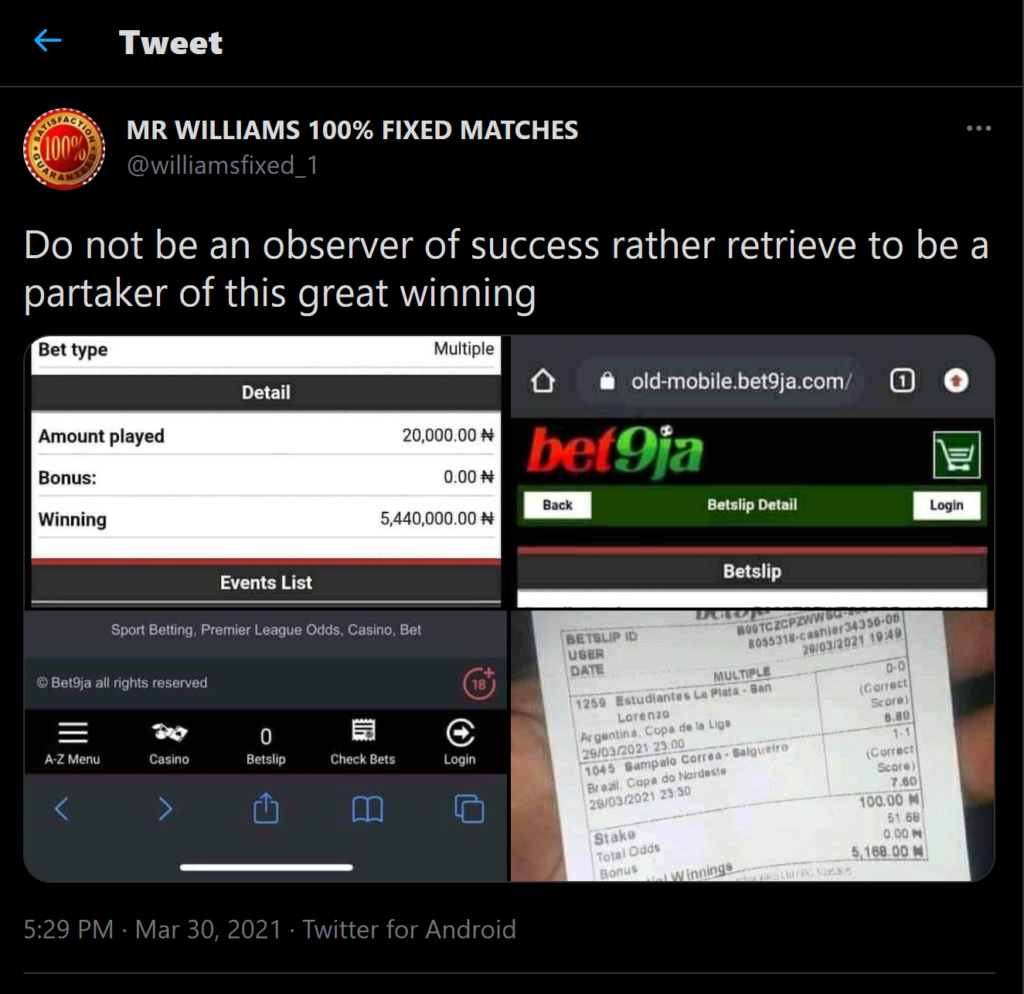 twitter fixed matches scam